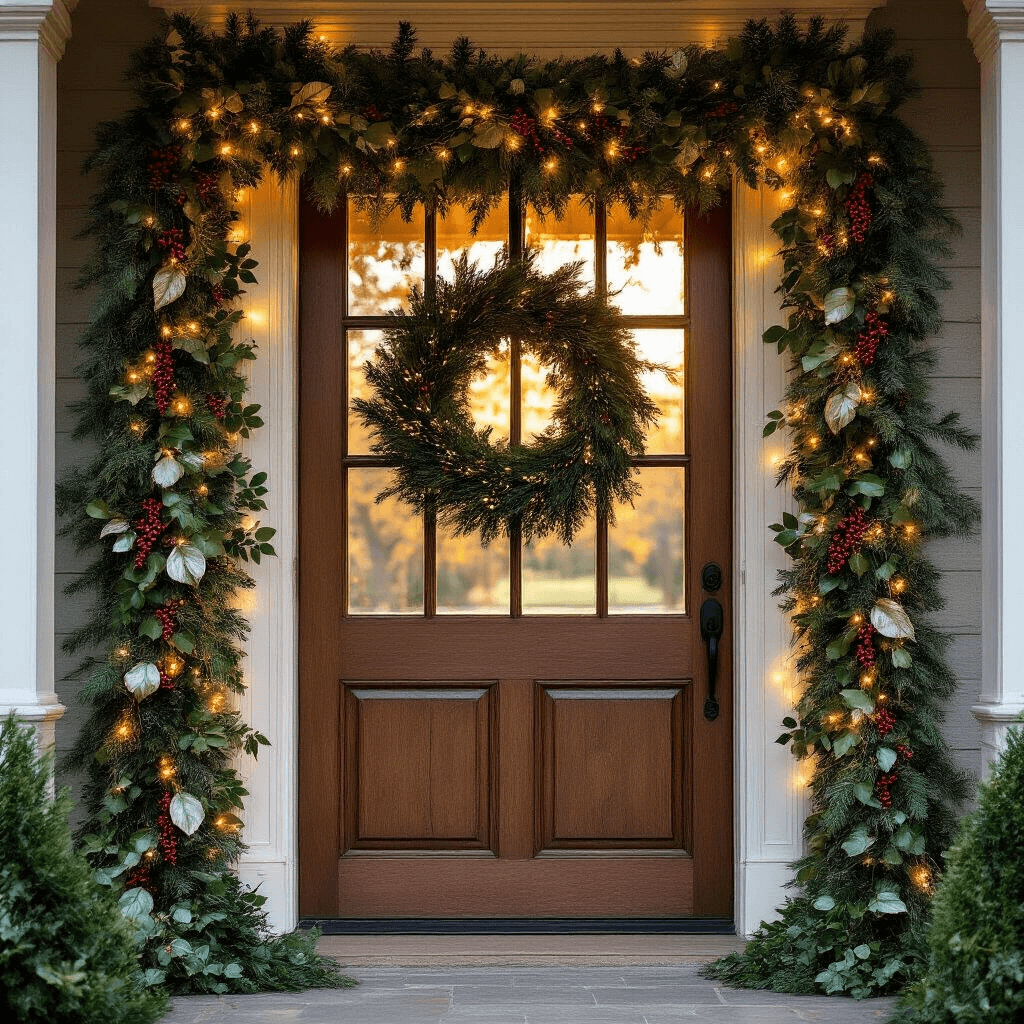 How to Create a Stunning Front Door Garland That Makes Your Neighbors Green with Envy Cinematic wide-angle shot of an elegant front entrance with a lush garland draped around a wooden door frame, featuring cedar and pine branches, silvery magnolia leaves, red holly berries, and English ivy, illuminated by warm golden hour sunlight and delicate twinkling LED lights, creating a cozy holiday atmosphere.