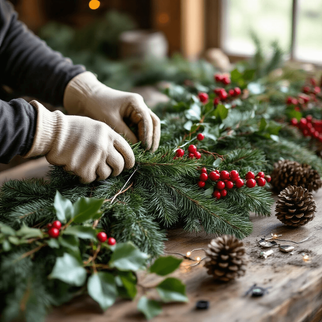 How to Create a Stunning Front Door Garland That Makes Your Neighbors Green with Envy Close-up of hands in gardening gloves weaving fresh cedar branches into an artificial pine base with floral wire on a rustic wooden table, surrounded by greenery materials like magnolia leaves, holly branches, ivy tendrils, and pine cones, illuminated by soft morning light, showcasing garland layering technique in progress.