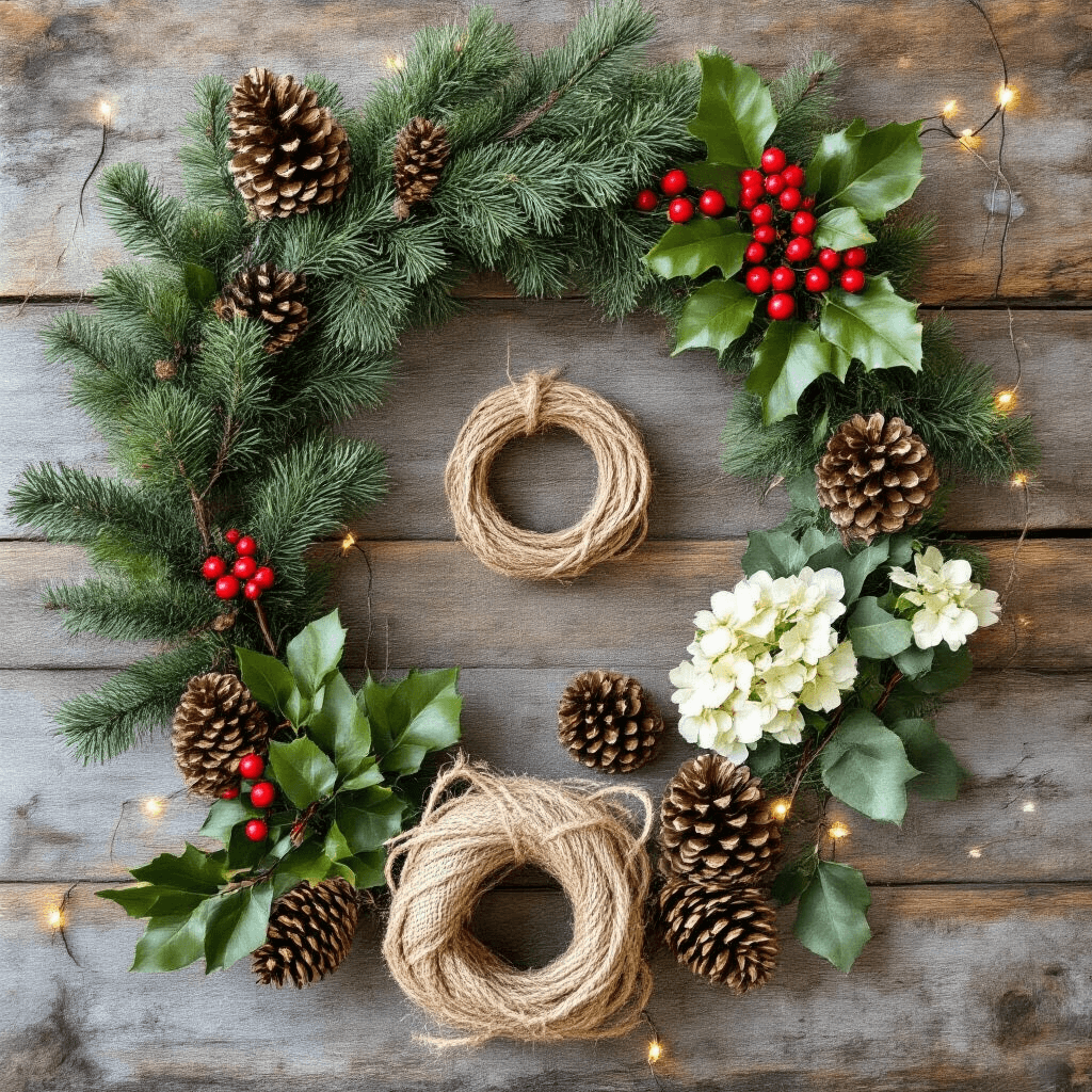 How to Create a Stunning Front Door Garland That Makes Your Neighbors Green with Envy Overhead flat lay of essential materials for making a front door garland on reclaimed wood, featuring artificial pine garland, fresh cedar, magnolia leaves, holly with berries, ivy, dried hydrangea, pine cones, jute rope, floral wire, eye hooks, LED lights, and sage green burlap ribbon, illuminated by soft natural sunlight.
