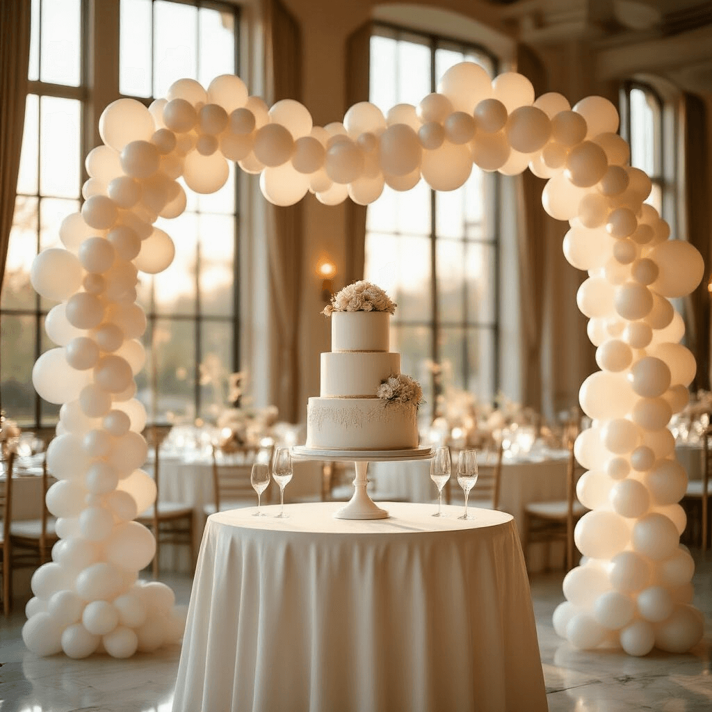White Balloon Garland: Your Secret Weapon for Stunning Event Decor Wide-angle shot of an elegant indoor ballroom during golden hour, featuring a white balloon garland framing a three-tiered wedding dessert table, with ivory silk linens and blush pink floral centerpieces in the background, illuminated by natural sunlight streaming through tall windows.