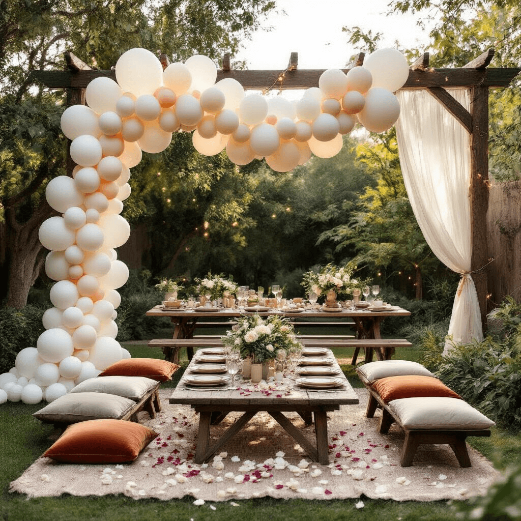 White Balloon Garland: Your Secret Weapon for Stunning Event Decor Overhead view of an elegant backyard garden party featuring a white balloon garland around a rustic wooden arch, low picnic tables with velvet cushions and ceramic plates, fresh eucalyptus, and scattered rose petals, all illuminated by fairy lights in soft morning light.