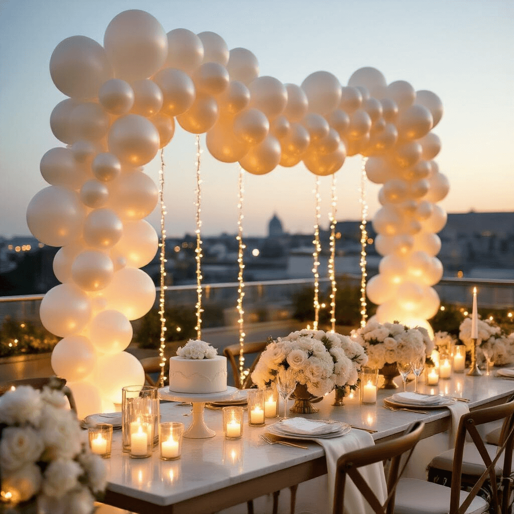 White Balloon Garland: Your Secret Weapon for Stunning Event Decor Close-up of a luxurious candlelit rooftop terrace with white balloon garlands, warm fairy lights, and elegant decor in an ivory and gold color scheme, showcasing a romantic evening celebration setup.