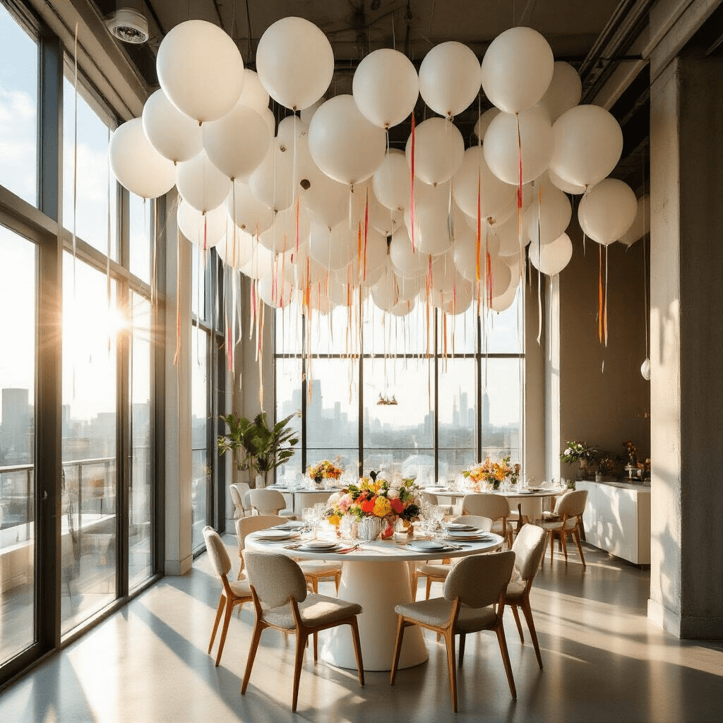 White Balloon Garland: Your Secret Weapon for Stunning Event Decor Cinematic wide shot of a modern apartment transformed for a birthday celebration, featuring white balloon garlands, natural light from large windows, and a stylish dining setup with geometric centerpieces and vibrant accents.