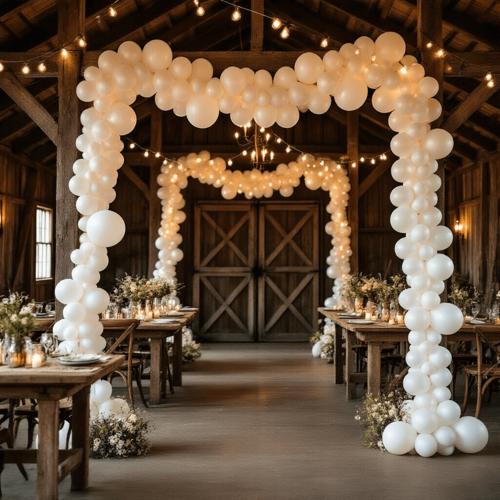 White Balloon Garland: Your Secret Weapon for Stunning Event Decor A rustic barn venue adorned with white balloon garlands, fairy lights, and candlelight, featuring wooden tables with burlap runners and wildflower centerpieces, creating a warm and romantic ambiance.