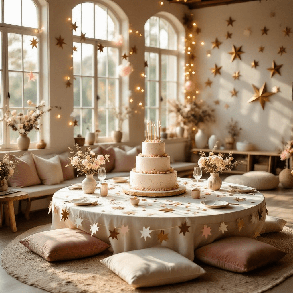 Cozy living room decorated for a daughter's birthday, featuring a three-tiered cake on a round table, paper star garlands, ivory linens, velvet cushions, fresh flowers, and fairy lights, all bathed in soft golden hour sunlight.