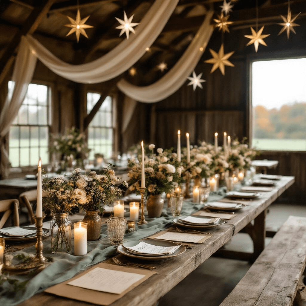 Overhead view of a rustic barn wedding venue beautifully styled for a bridal shower, featuring moody candlelight, long wooden tables adorned with vintage book page garlands, terracotta and sage green runners, mason jar centerpieces with wildflowers, and delicate desserts on marble stands, all under sheer cream drapery and handcrafted star garlands, creating an intimate, romantic ambiance.