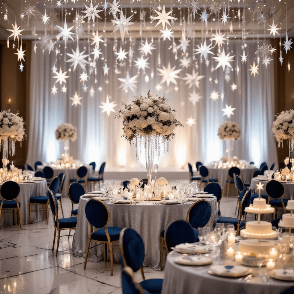 Close-up of an elegant winter wedding reception ballroom featuring silver silk linens, towering white floral centerpieces, and cascading star garlands, with a romantic ambiance created by soft lighting and candle groupings.