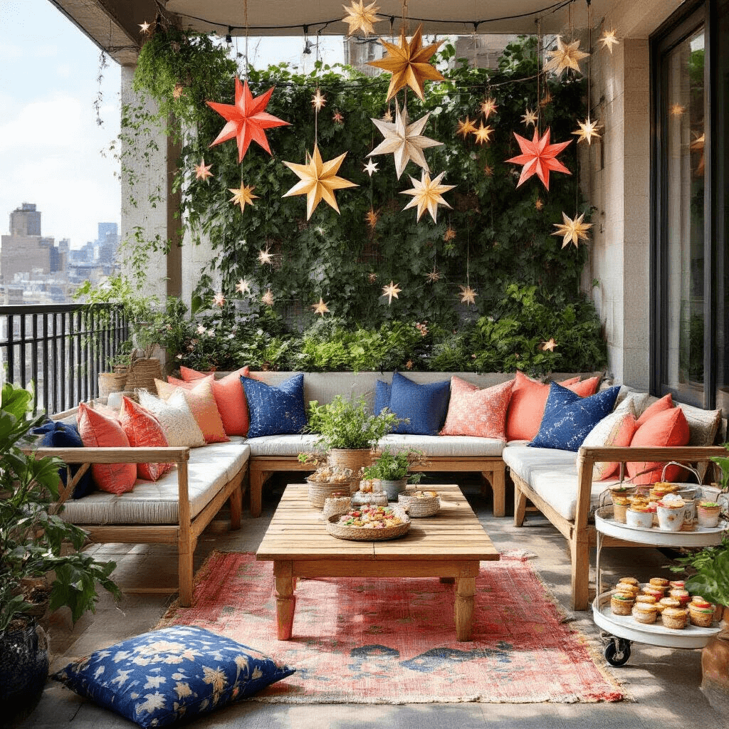 A vibrant balcony transformed into a garden party space with low wooden tables, colorful floor cushions, paper star garlands, and an elegant dessert cart, all under string lights creating intricate shadows.