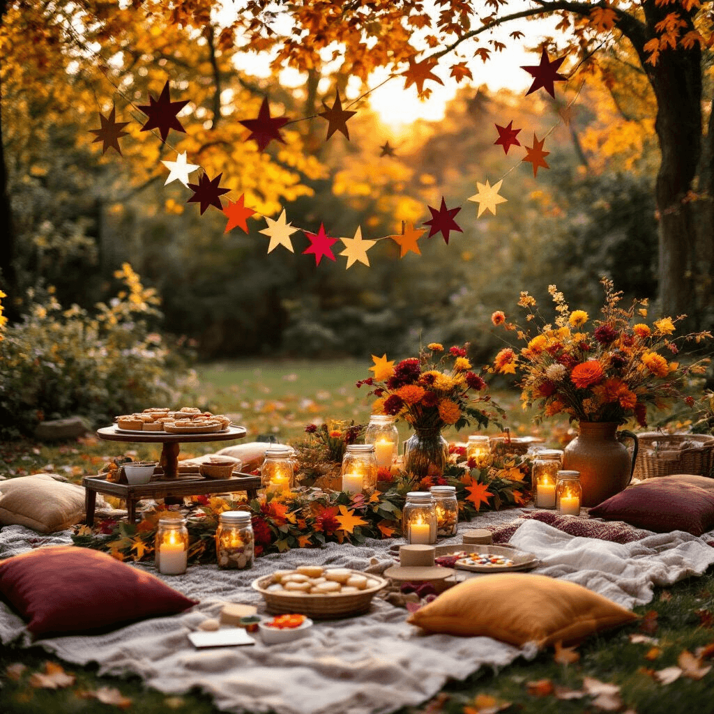 A whimsical autumn celebration in a backyard, featuring a picnic setup with blankets, low tables adorned with garlands of paper stars and dried leaves, a vintage dessert cart with seasonal treats, and warm fairy lights in mason jars, all set against colorful fall foliage during golden hour.