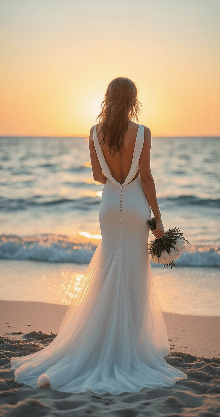 Model in a backless mermaid gown with cowl draping stands at the waterline during a beach ceremony at sunset, barefoot in the sand. She holds a simple white bouquet, with ocean waves and a golden sky reflecting behind her. The scene features soft tulle overlay and a warm coral and blue color palette, captured from behind to highlight the dramatic back design and natural backlighting that creates an ethereal glow around her silhouette and flowing hair.