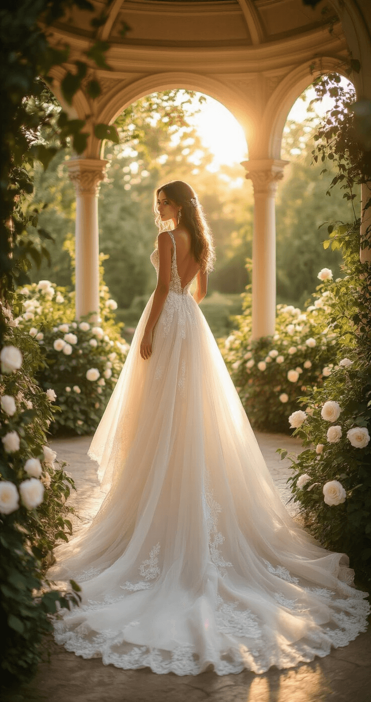 High-Low Wedding Dresses: Why I'm Obsessed with This Game-Changing Bridal Trend Bride in a flowing high-low tulle wedding dress with lace details poses confidently in a sunlit garden pavilion, surrounded by blooming white roses and greenery, captured at golden hour with dreamy bokeh background.