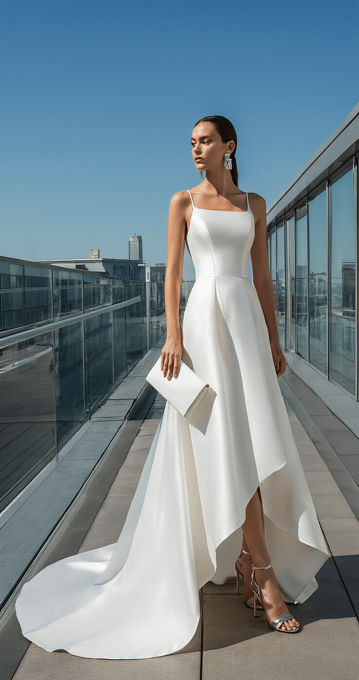 High-Low Wedding Dresses: Why I'm Obsessed with This Game-Changing Bridal Trend A modern bride in a sleek satin high-low wedding dress poses on a rooftop terrace, showcasing her metallic heels and minimalist aesthetic against a contemporary glass and steel backdrop, with midday sunshine illuminating the fabric texture.