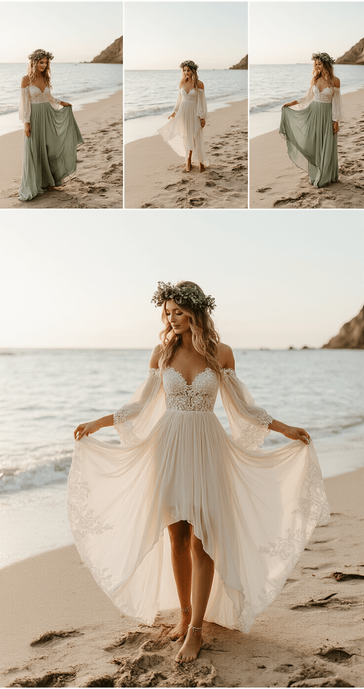 High-Low Wedding Dresses: Why I'm Obsessed with This Game-Changing Bridal Trend A bride in a flowing chiffon high-low dress with off-shoulder sleeves and an intricate lace bodice stands barefoot on a beach during soft morning light, her dress billowing in the ocean breeze. She wears a floral crown of eucalyptus and baby's breath, with delicate ankle jewelry, set against a neutral palette of cream and sage green. The wide shot captures the ethereal atmosphere of the coastal backdrop.