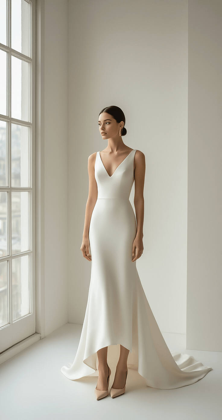 High-Low Wedding Dresses: Why I'm Obsessed with This Game-Changing Bridal Trend A minimalist bridal studio featuring floor-to-ceiling windows, showcasing a bride in a high-low silk crepe dress with an architectural silhouette. She wears nude pointed-toe pumps and a simple gold band, with her hair styled in a sleek low bun. The monochrome palette of white and champagne enhances the fabric drape, captured in professional editorial lighting against a white seamless background.