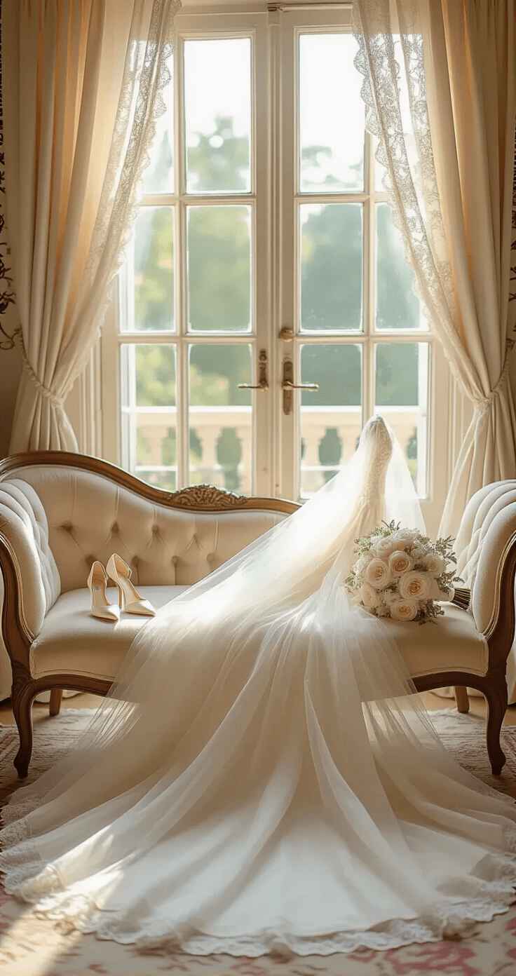 High-Low Wedding Dresses: Why I'm Obsessed with This Game-Changing Bridal Trend A beautifully styled bridal ensemble arranged on a vintage velvet chaise in a charming bedroom, featuring a high-low dress, pearl drop earrings, satin ribbon heels, a delicate veil, and a bouquet of white roses, with soft afternoon sunlight streaming through lace curtains and French doors open to a terrace.