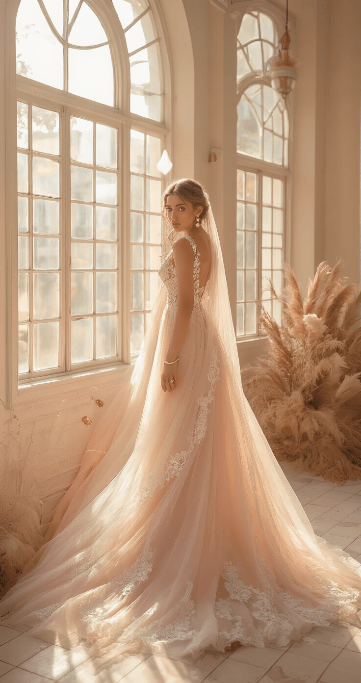 Why a Blush Wedding Dress Might Be Your Perfect Bridal Look (And How to Style It Right) Bride in a flowing blush A-line wedding gown with lace bodice and tulle skirt, adorned with rose gold jewelry and pearl drop earrings, posed in a bright studio with floor-to-ceiling windows, capturing soft golden hour light that enhances her silhouette against warm peachy-pink fabric and ivory lace appliqués.