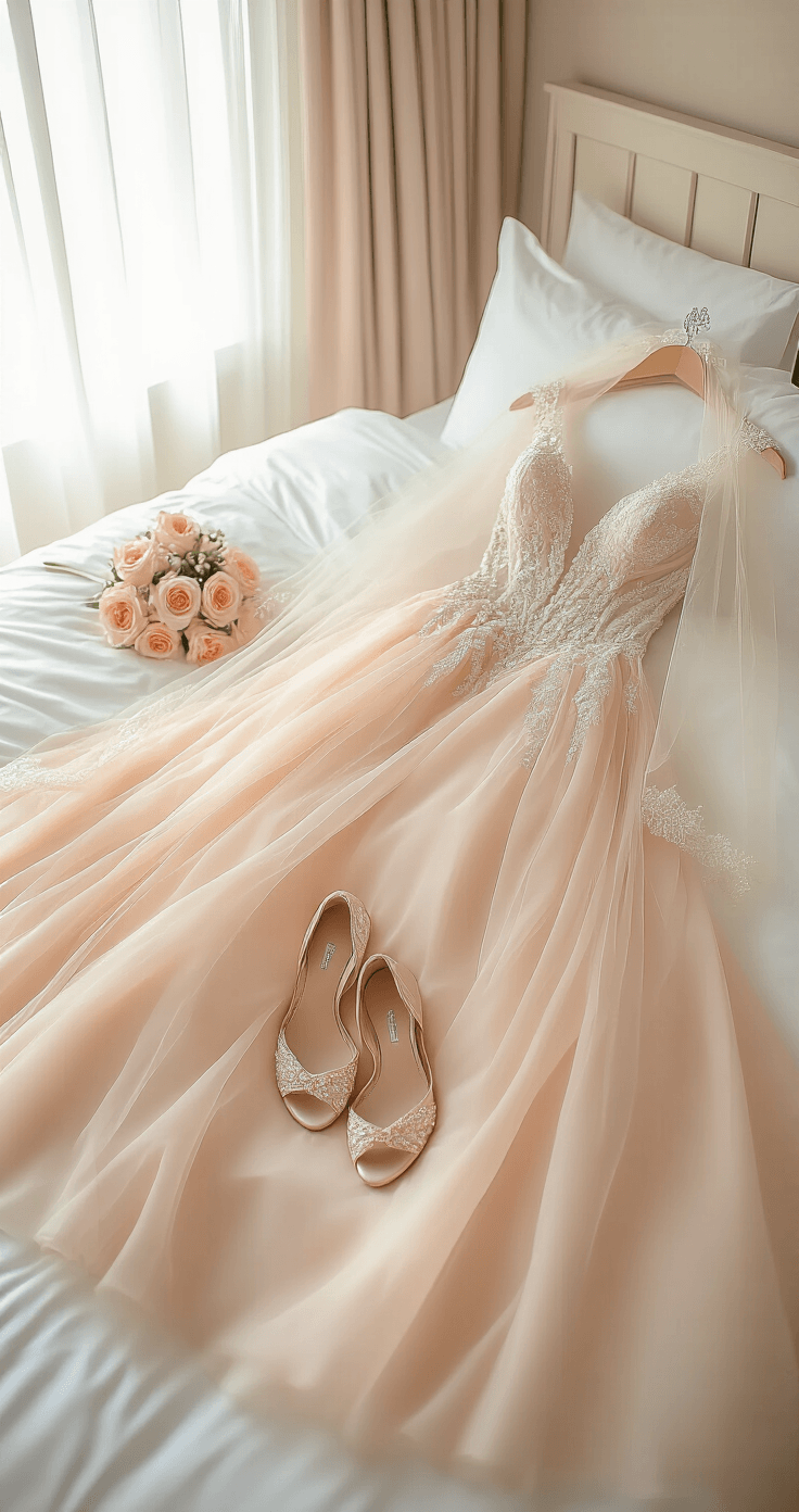 Why a Blush Wedding Dress Might Be Your Perfect Bridal Look (And How to Style It Right) Sophisticated bedroom scene featuring a blush ball gown wedding dress draped on a king-sized bed with white linens, complemented by rose gold wedding jewelry, nude bridal shoes, and a champagne veil, all illuminated by soft morning light through sheer curtains. An elegant display of peachy-pink tulle layers and a detailed bodice with pearl accents is showcased from an overhead angle, creating a romantic atmosphere for bridal preparation.