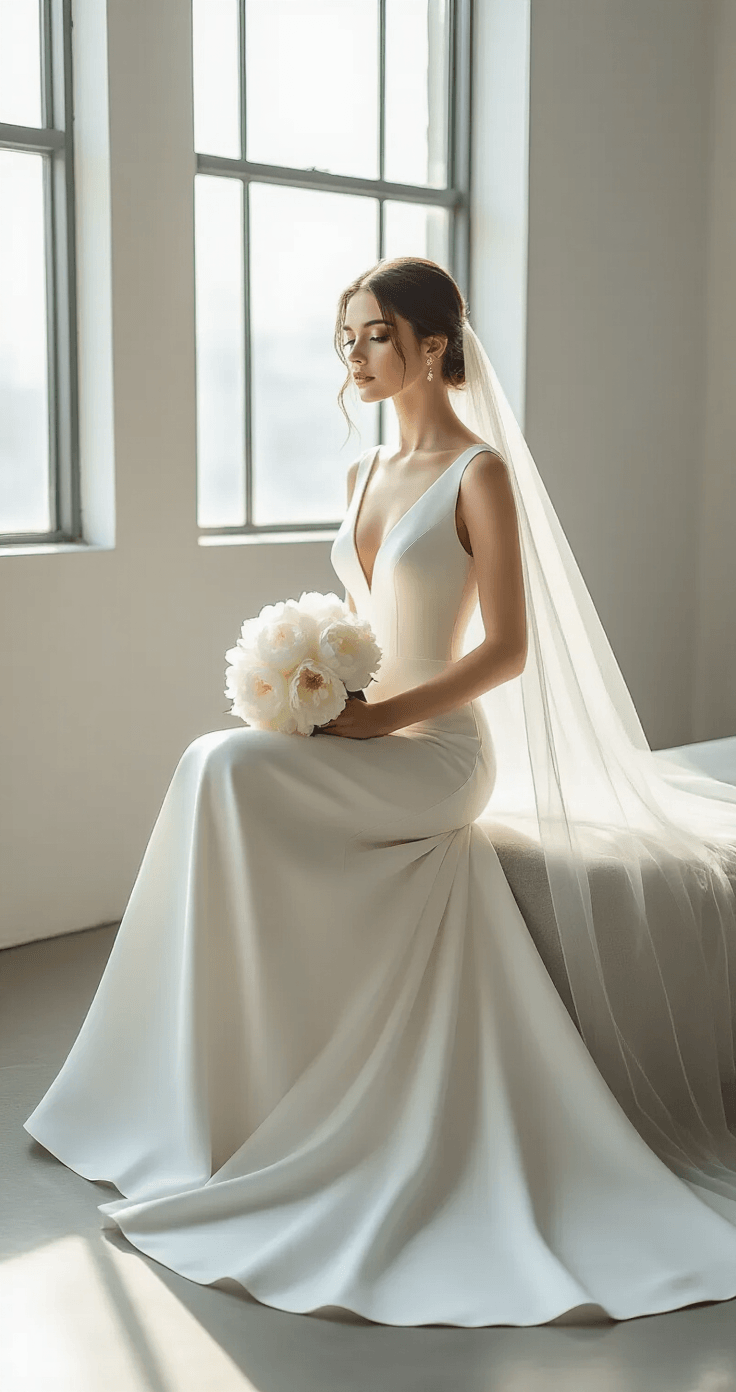 Minimalist Wedding Dress: Why Less Really Is More for Your Big Day An elegant bride in a sophisticated A-line crepe wedding dress poses gracefully in a modern minimalist studio, holding a white peony bouquet against her structured bodice, with soft morning light illuminating her and her delicate cathedral veil spread around her on the polished concrete floor.