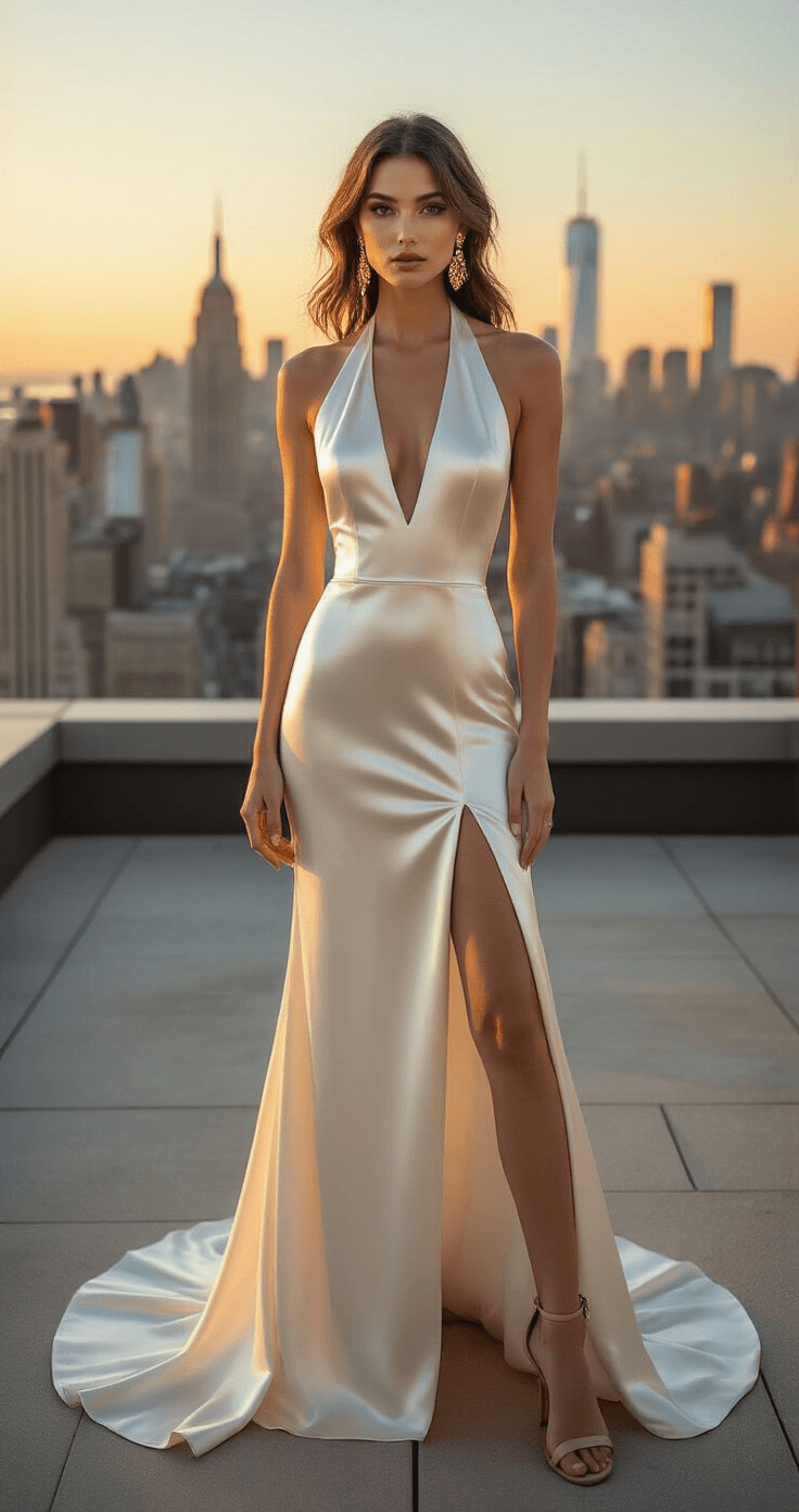 Minimalist Wedding Dress: Why Less Really Is More for Your Big Day A stunning bride in a minimalist satin halter gown poses on an urban rooftop terrace at golden hour, showcasing a dramatic open back and subtle train. The city skyline and warm sunset light enhance her elegance, complemented by statement gold earrings and strappy nude heels. Her bold makeup adds to the sophisticated atmosphere.