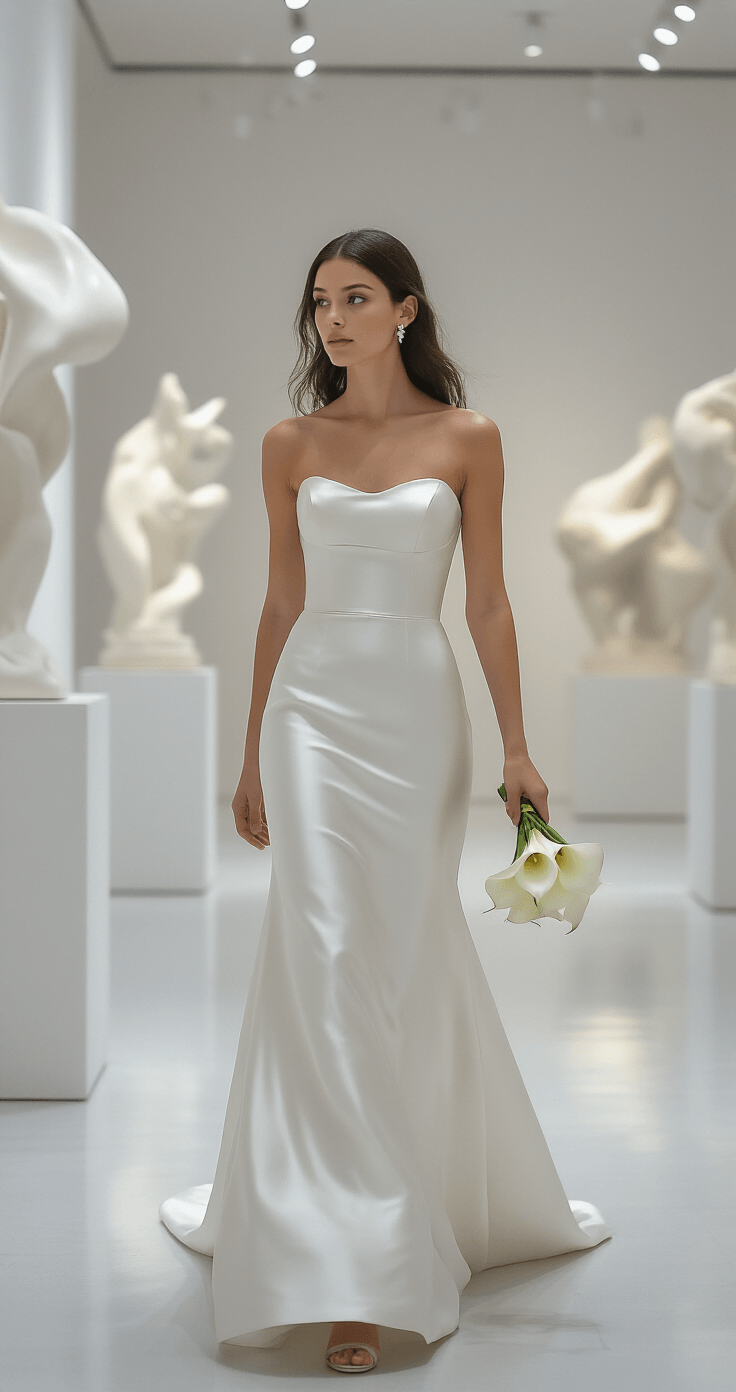 Minimalist Wedding Dress: Why Less Really Is More for Your Big Day An ethereal bride in an ivory silk charmeuse strapless column wedding dress walks through a contemporary art gallery, illuminated by bright lighting against white walls and polished floors, carrying a minimalist bouquet of white calla lilies, with her hair in loose waves, captured in a side angle to highlight the gown's graceful movement.
