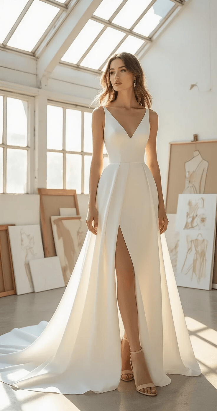 Minimalist Wedding Dress: Why Less Really Is More for Your Big Day A radiant bride poses in a sun-filled fashion studio wearing a detachable-skirt minimalist wedding dress, showcasing both her ceremony and reception looks. Natural daylight highlights the crepe bodice and organza skirt, with premium fabric swatches and design sketches nearby. She models the full gown and sleek reception silhouette, complemented by delicate rose gold jewelry and nude block heels.