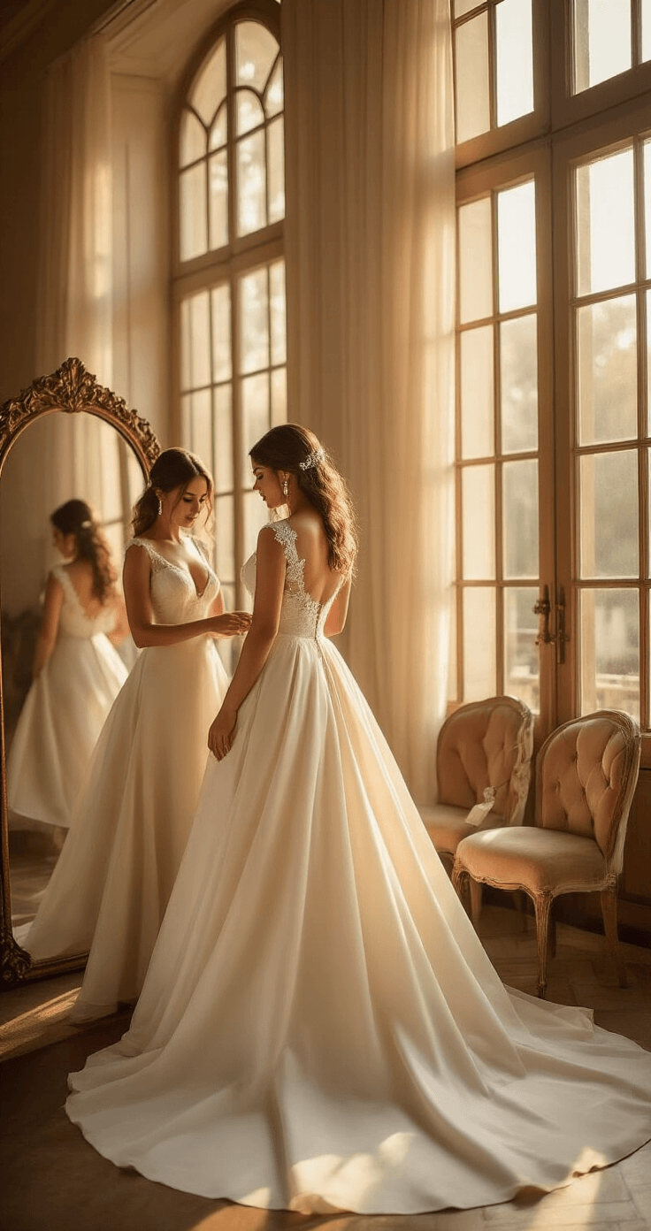 Plus-Size Wedding Dresses: Find Your Perfect Silhouette for the Big Day A plus-size bride in a cream silk A-line wedding dress with a lace illusion neckline stands under warm golden hour sunlight in a luxurious salon, while a seamstress adjusts her hem. Pearl drop earrings and satin heels are visible beneath the tulle skirt, and plush velvet chairs and mirrors enhance the intimate ambiance.