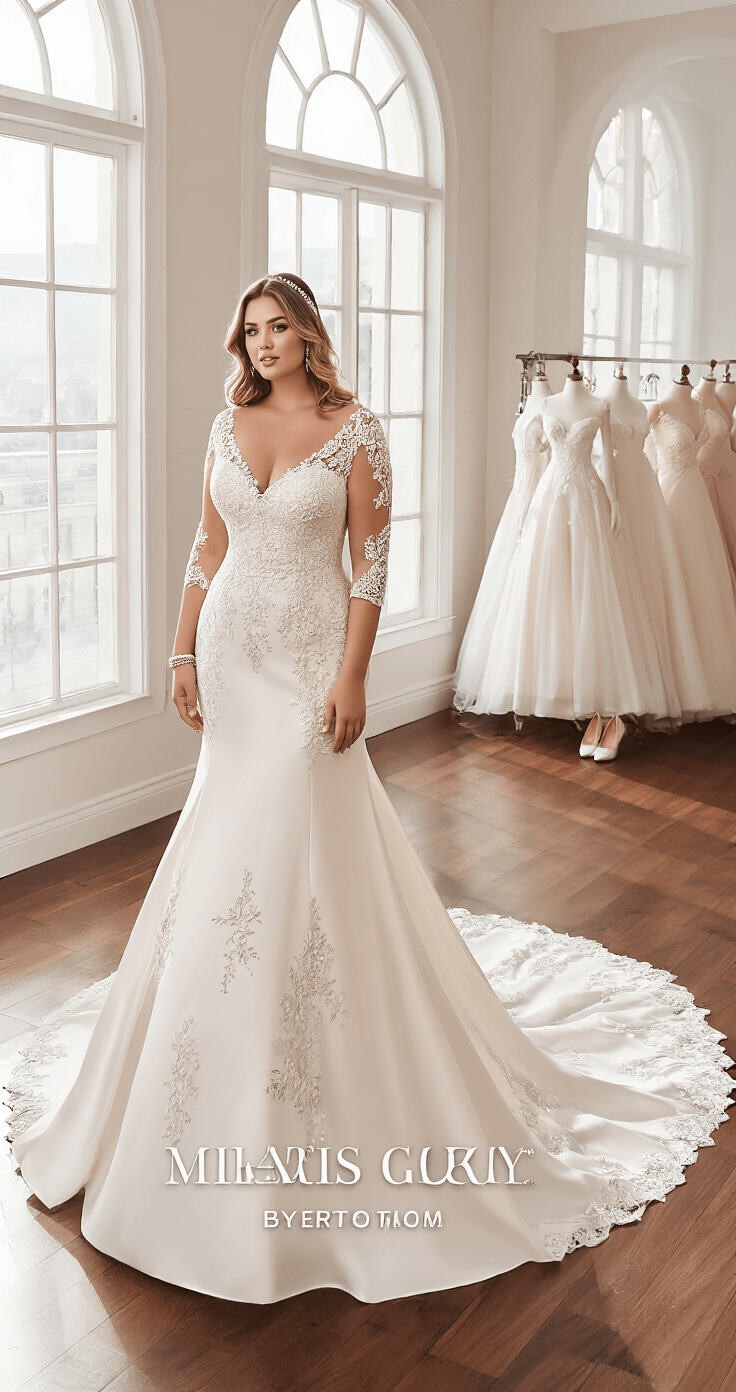 Plus-Size Wedding Dresses: Find Your Perfect Silhouette for the Big Day A plus-size bride poses confidently in a sophisticated bridal boutique, wearing a stunning fit-and-flare champagne gown with a beaded bodice and intricate lace sleeves. Soft natural light filters through large windows, illuminating the elegant train adorned with 3D floral appliqués. The scene features rich hardwood floors, detailed dress displays, and classic accessories including a vintage pearl bracelet and satin pumps, all captured at eye level to emphasize the bride's silhouette.