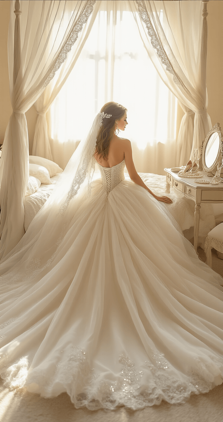 Plus-Size Wedding Dresses: Find Your Perfect Silhouette for the Big Day A dreamy bridal preparation scene featuring a luxurious ballgown wedding dress on a four-poster bed, with morning sunlight filtering through sheer curtains, showcasing intricate details like crystal beading and a cathedral train, accompanied by a delicate lace veil, ivory satin shoes, and pearl jewelry, all in a soft palette of creams and blush tones.