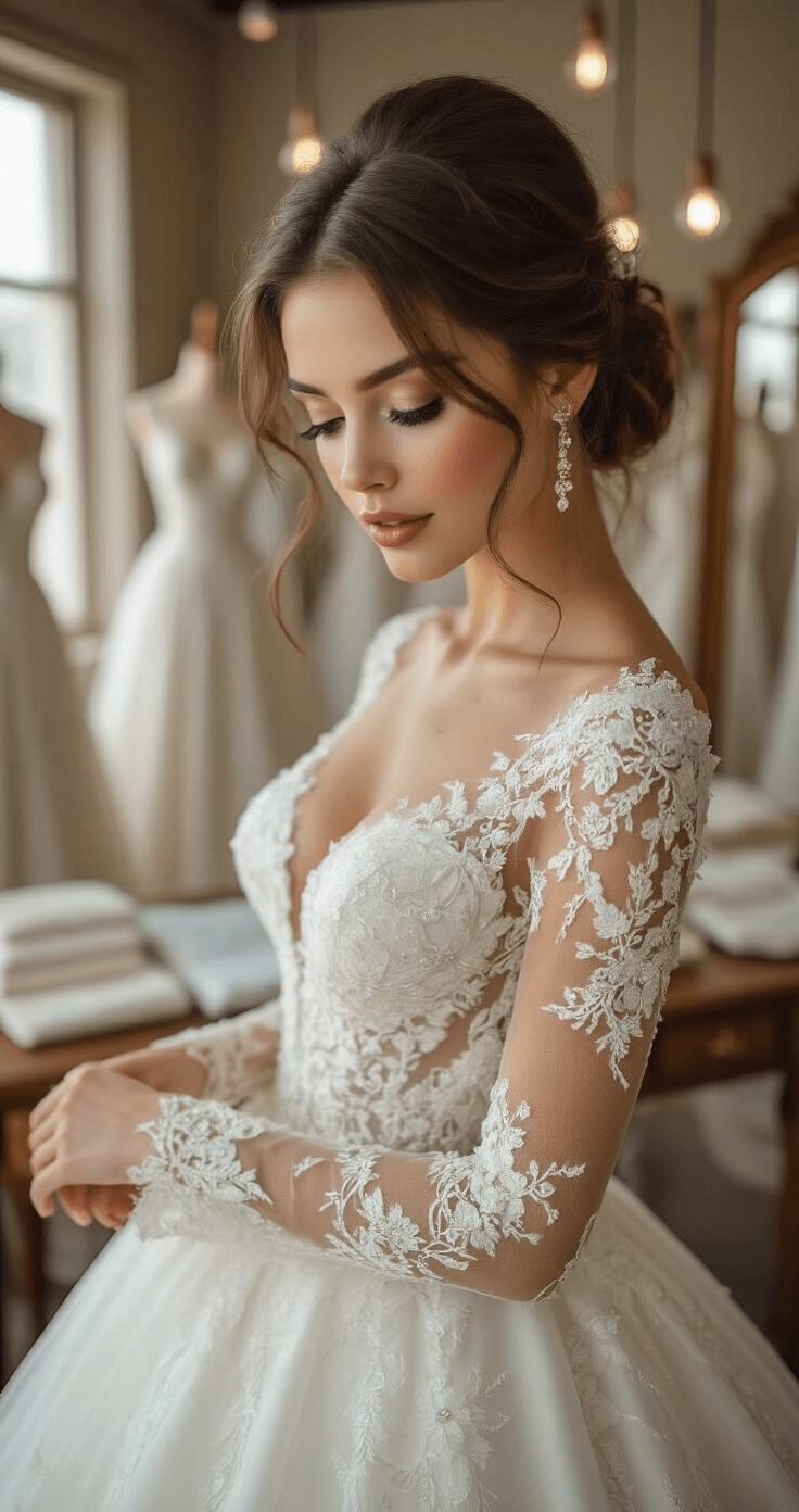 Plus-Size Wedding Dresses: Find Your Perfect Silhouette for the Big Day Close-up of a plus-size bride examining the intricate lace details on a wedding dress sleeve, showcasing Chantilly lace patterns and seed pearl embellishments, with a sophisticated drop waist design in ivory silk. The elegant bridal shop features organized dress displays and a consultation area, all highlighted by professional studio lighting.