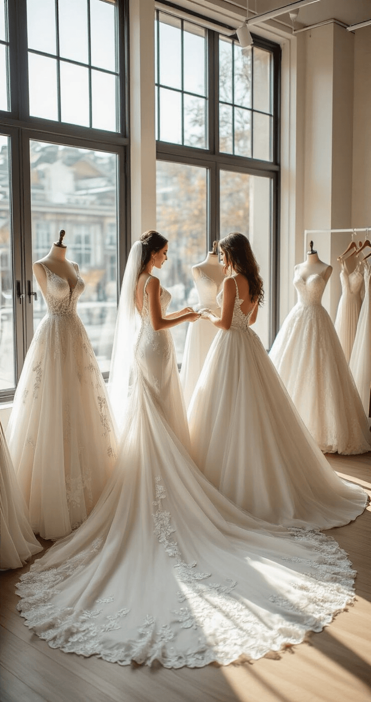 Plus-Size Wedding Dresses: Find Your Perfect Silhouette for the Big Day Bright modern bridal atelier featuring a plus-size bride consulting with a stylist, surrounded by elegant mannequins displaying various wedding dress options, including an A-line with floral embroidery, a ballgown with a statement train, and a fit-and-flare with bubble hem details. The space is filled with natural light from floor-to-ceiling windows and showcases rich textures like silk and tulle, all within a warm neutral color palette.