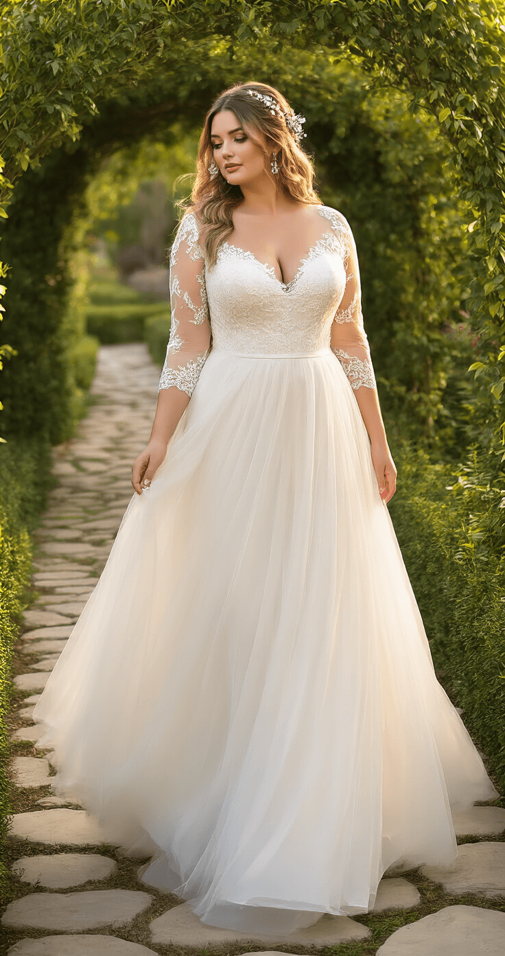 Plus-Size Wedding Dresses: Find Your Perfect Silhouette for the Big Day Plus-size bride in a flowing A-line wedding dress with layered tulle skirt and lace bodice, walking through a garden pathway during golden hour. The soft evening light casts an ethereal glow on her ivory dress as she moves gracefully, surrounded by lush greenery and a stone pathway. Vintage-inspired hair accessories and natural makeup complete her romantic look.