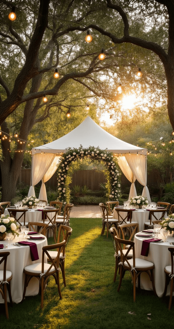 Intimate backyard micro-wedding setup at golden hour featuring a white canvas tent with string lights, round tables dressed in cream and burgundy, lush floral centerpieces, and a birch branch ceremony arch, all set against a colonial-style house backdrop.