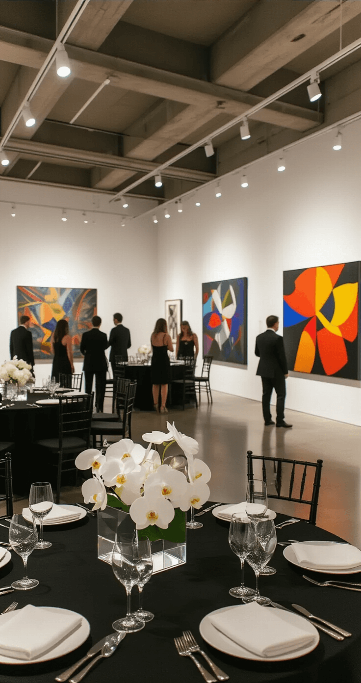 Micro-wedding reception in a contemporary art gallery, featuring high-top tables with black linens and modern geometric centerpieces of white orchids, set against white walls and dramatic track lighting illuminating sculptural pieces and abstract paintings. Guests in cocktail attire mingle amid sophisticated decor and natural light from clerestory windows.