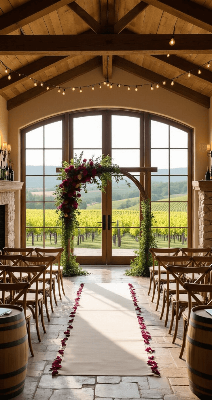 Intimate wine tasting room wedding ceremony with rustic-elegant decor, birch arch adorned with wine-colored dahlias, and vineyard views through French doors, set for 20 guests.