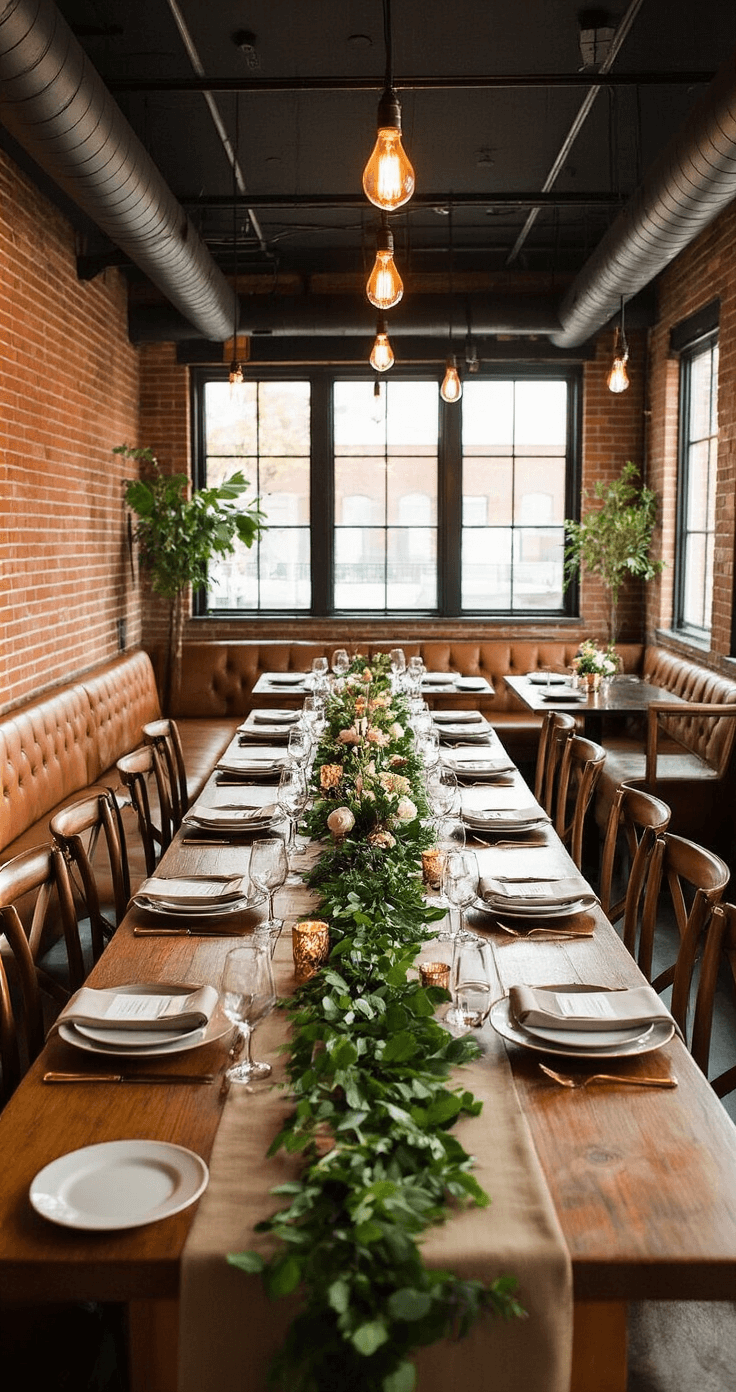 Intimate micro-wedding dinner setup in a private dining room featuring a long farm table with mixed metallic place settings, family-style platters, and lush greenery. The space has brick accent walls, exposed black ductwork, and Edison bulb lighting, creating a cozy atmosphere. Leather banquette seating, wooden chairs, and an open kitchen add to the industrial-chic aesthetic, with warm lighting enhancing the inviting ambiance for guests.