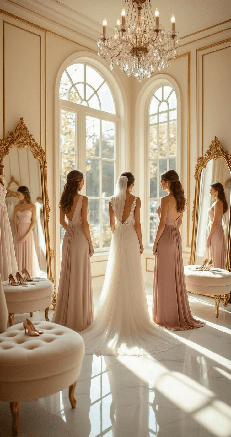 Elegant bridal boutique interior with warm sunlight, featuring creamy walls, golden accents, and polished marble floors. Three bridesmaids in dusty rose dresses stand before ornate mirrors, surrounded by plush seating and delicate accessories. Soft lighting from a crystal chandelier enhances the romantic atmosphere.