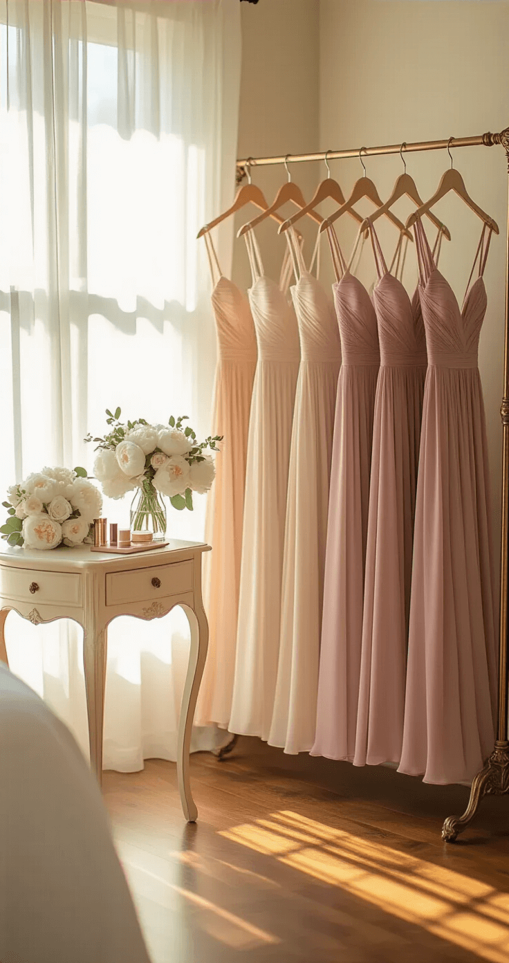 Close-up of a sunlit bridal preparation space with hardwood floors and sheer curtains, featuring four floor-length bridesmaid dresses in an ombré gradient of blush to deep rose on an antique brass rack, a vintage cream vanity with pearl drop earrings and nude lipsticks, and bouquets of white peonies and eucalyptus, all bathed in warm golden hour light.