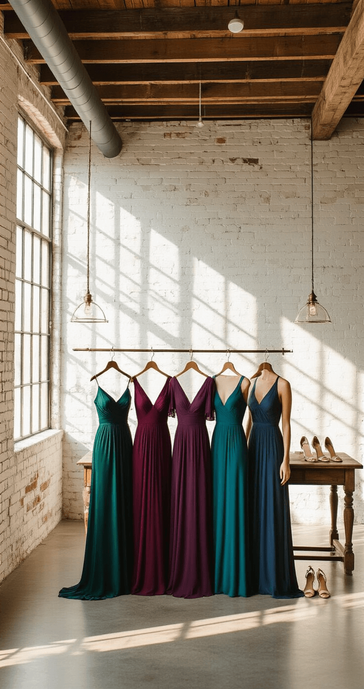 Wide shot of a rustic-chic bridal suite featuring white-washed brick walls, reclaimed wood beam ceiling, and polished concrete floors. Morning light illuminates six jewel-tone bridesmaid dresses on vintage brass hangers, accompanied by gold necklaces and nude strappy sandals on a weathered wood table, all set in a moody yet elegant atmosphere.