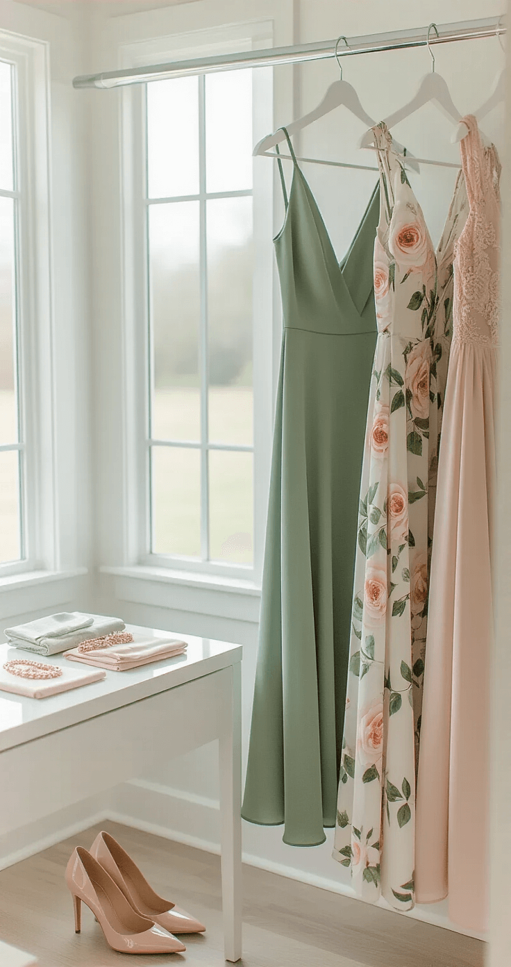 Intimate detail of a bright white dressing room corner with soft north-facing light, showcasing two bridesmaid dresses on a sleek chrome rack—one sage green crepe sheath and one floral chiffon—alongside a partially visible solid blush dress. A modern white lacquer table displays fabric swatches, rose gold jewelry, and nude patent leather pumps, all under even, diffused lighting.