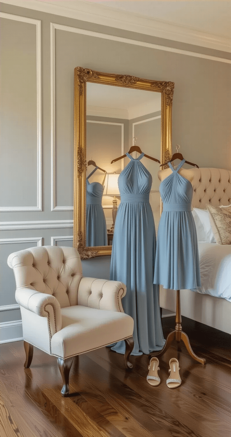 A sophisticated bedroom suite with dove gray walls and walnut hardwood floors, featuring a cream bergère chair displaying a dusty blue infinity bridesmaid dress styled as a halter top, alongside a wooden valet with the same dress transformed into off-shoulder sleeves. An antique gold mirror reflects elegant accessories, creating a romantic atmosphere with warm golden lighting.