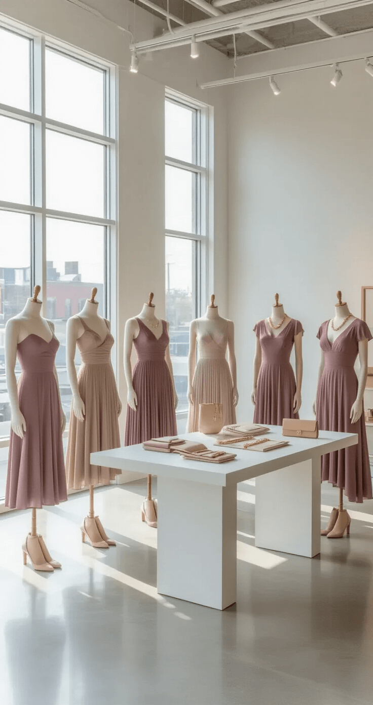 Wide angle shot of a bright boutique showroom featuring polished white concrete floors and soft gray walls, showcasing five mannequins in a coordinated mismatched bridesmaid look in a mauve color palette, complemented by a central styling table with matching accessories, all captured from an elevated camera angle.