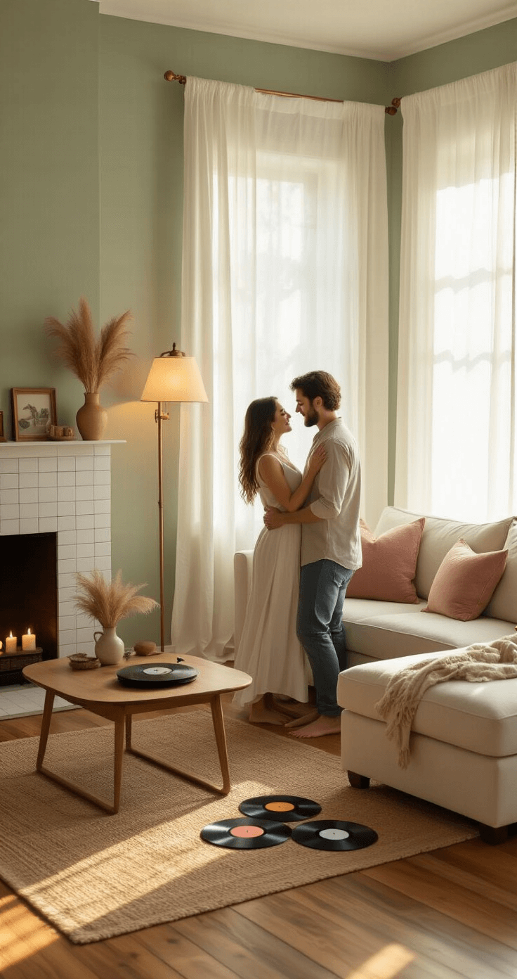 The Ultimate Guide to Modern Love Songs That'll Make Your Heart Skip a Beat A cozy living room at golden hour, featuring a couple dancing barefoot on oak hardwood floors beside a cream sectional sofa, illuminated by soft afternoon light streaming through sheer curtains, with a vintage brass lamp, white subway tile fireplace, and warm sage green walls.