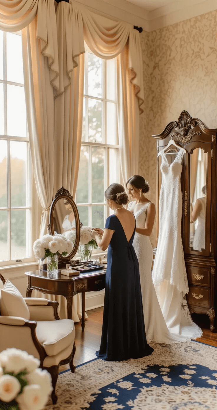 Mother of the bride etiquette Elegant bridal suite with mother helping bride get ready, soft golden hour light through Georgian windows, luxurious decor, mother in navy dress with pearls, vintage vanity with makeup, plush armchair, hardwood floors, fresh peonies, lace wedding dress in armoire, warm intimate atmosphere, conveying anticipation and love.