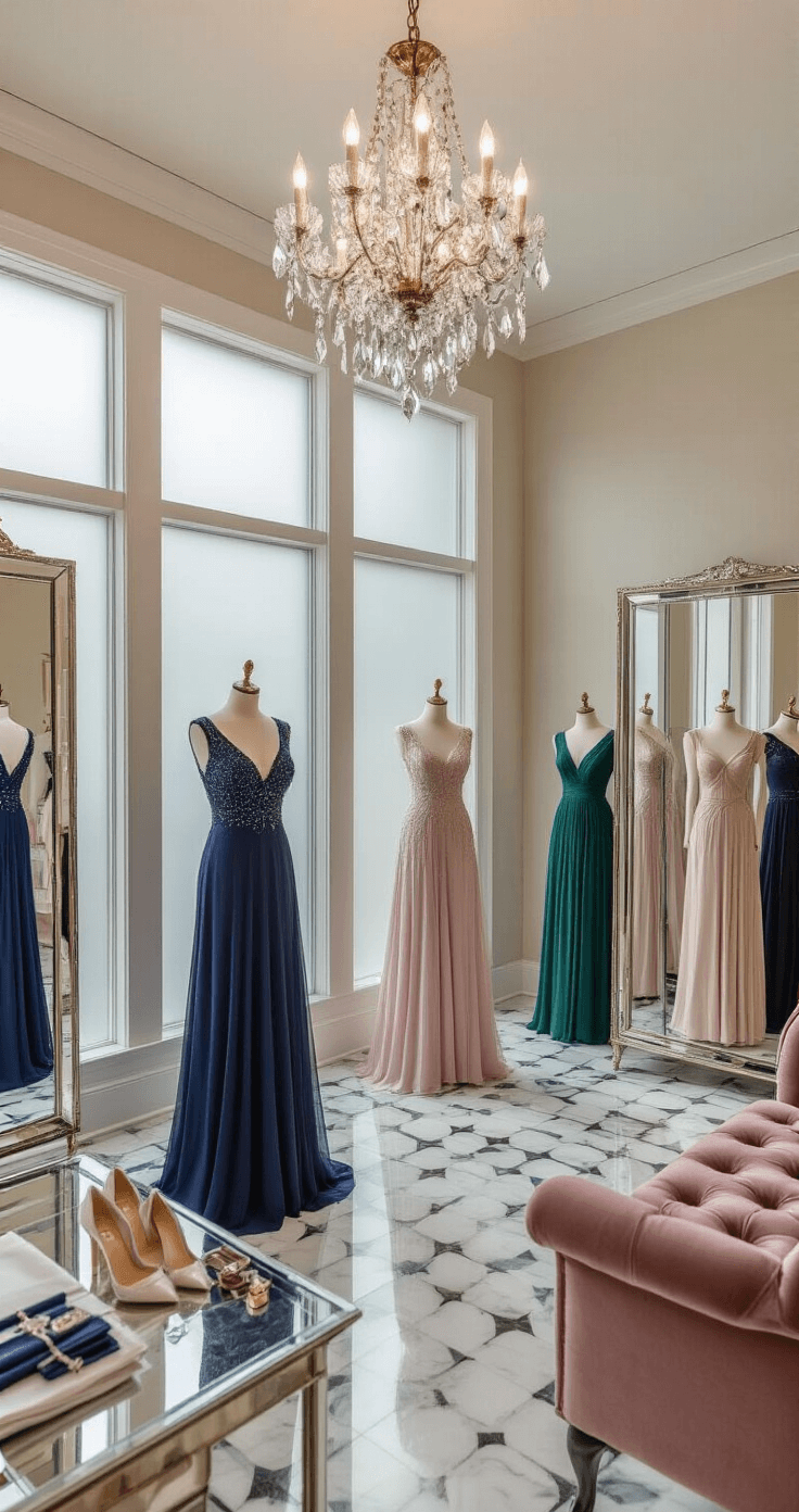 Mother of the bride etiquette A sophisticated formal wear boutique fitting room featuring a mother of the bride trying on a royal blue tea-length dress with beadwork, surrounded by elegant evening gowns on mannequins, tufted velvet seating, and marble floors, all illuminated by natural light and a crystal chandelier.