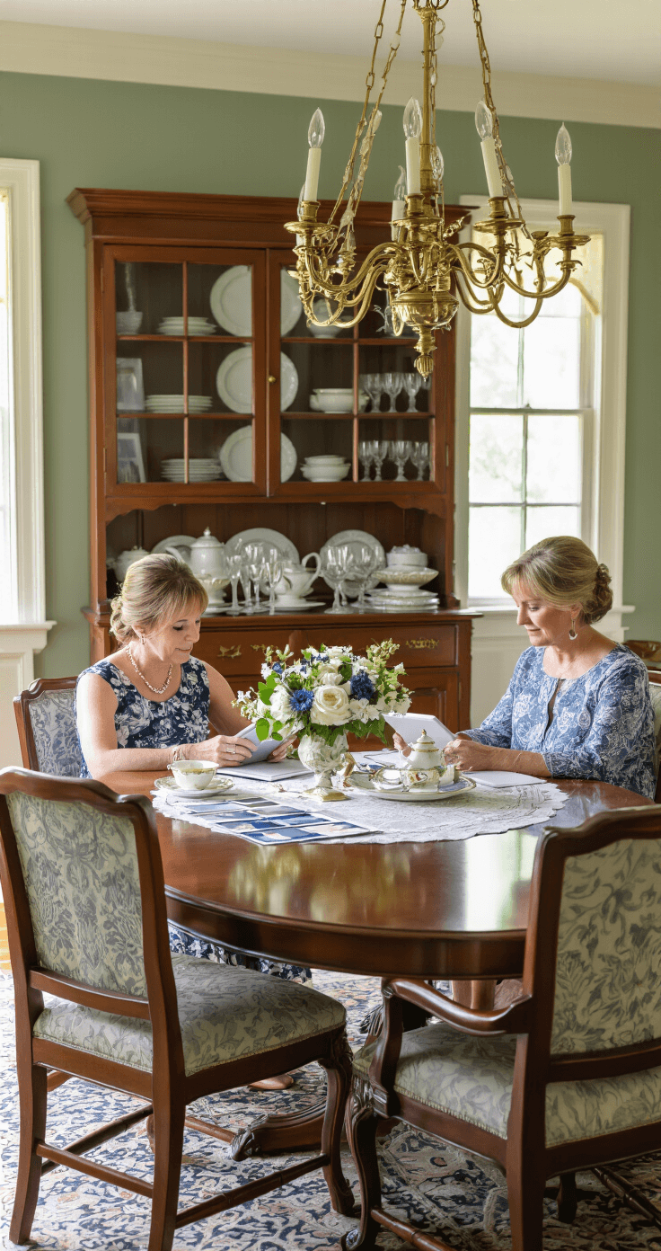 Mother of the bride etiquette Intimate dining room scene during wedding planning, featuring two women seated at a cherry wood table, looking at outfits on tablets, surrounded by fine china, color swatches, and a fresh flower centerpiece, with warm lighting from a chandelier enhancing the family atmosphere.