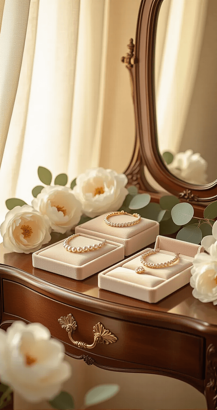 The Mother of the Bride Gifts That'll Make Her Cry Happy Tears (In the Best Way) A jewelry display on an antique mahogany vanity table, featuring rose gold bar necklaces and pearl drop earrings under warm golden hour sunlight, surrounded by white peonies and eucalyptus sprigs, with a softly glowing mirror in an intimate boudoir setting.