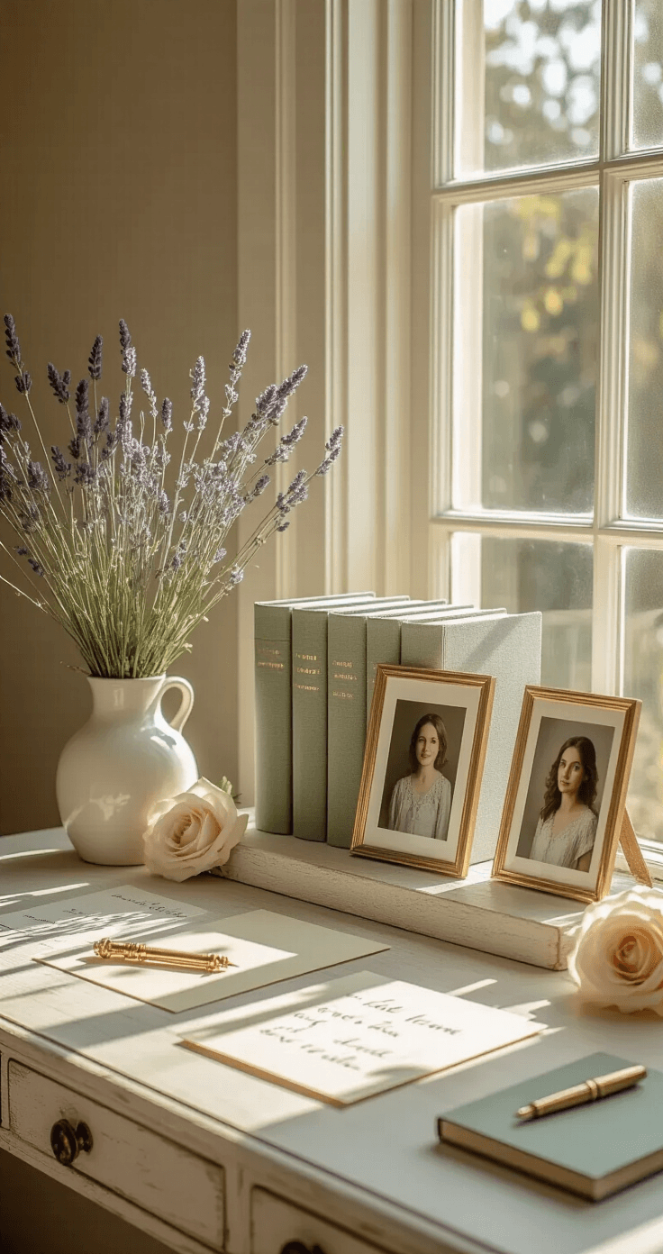 The Mother of the Bride Gifts That'll Make Her Cry Happy Tears (In the Best Way) A cozy photo memory display on a weathered white oak desk, featuring sage green photo books, acrylic plaques, and mother-of-pearl frames, illuminated by natural morning light filtering through tall windows. Delicate lavender and cream roses are scattered throughout, alongside a brass letter opener, vintage fountain pen, and handwritten notes, creating a warm and inviting atmosphere.