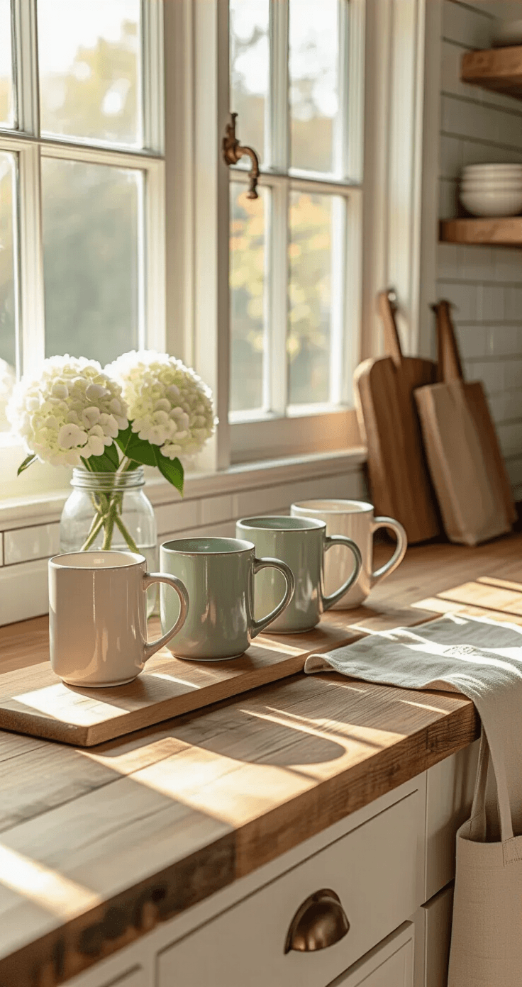 The Mother of the Bride Gifts That'll Make Her Cry Happy Tears (In the Best Way) A warm and inviting kitchen scene featuring rustic wood countertops adorned with sage and cream ceramic mugs, engraved cutting boards, and embroidered linen tote bags. Fresh hydrangeas in mason jars add charm, while vintage subway tiles and cast iron hardware enhance the cozy atmosphere, all captured in golden afternoon light from a slight overhead angle.