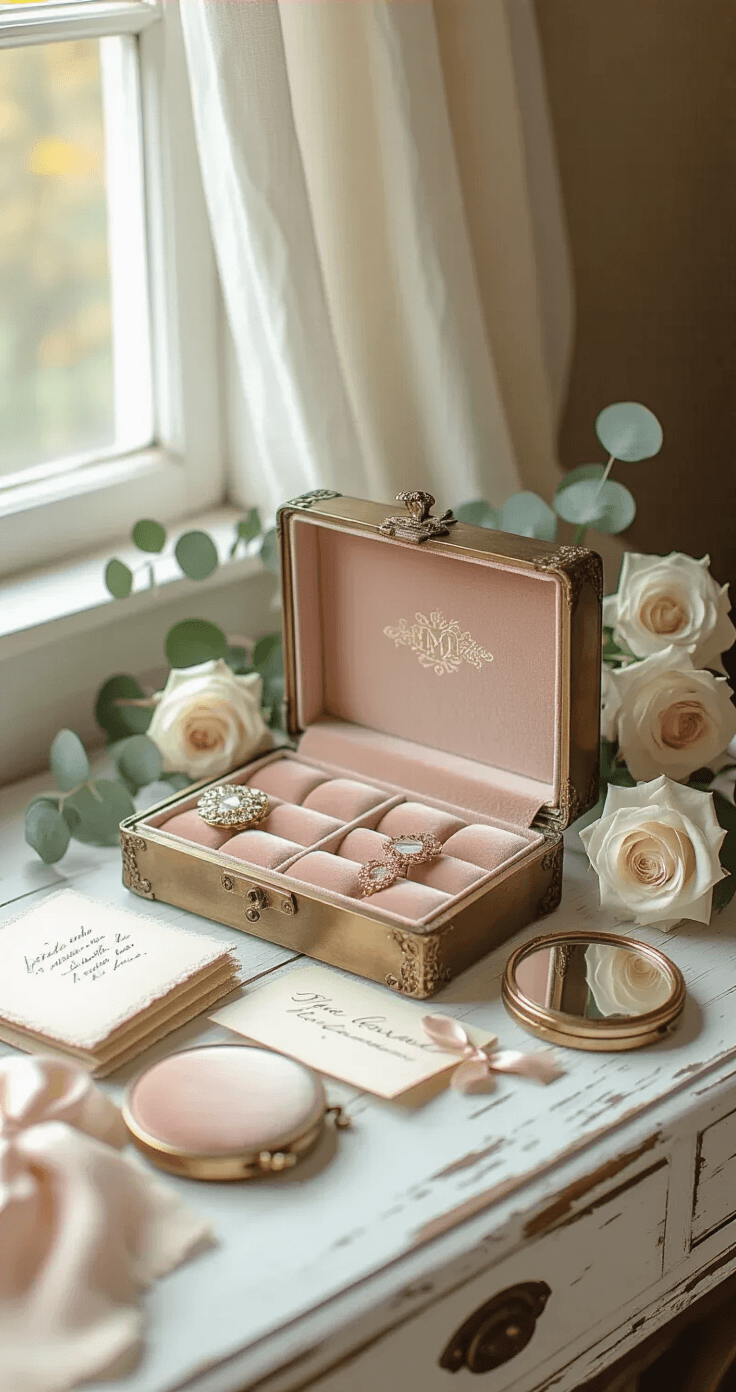 The Mother of the Bride Gifts That'll Make Her Cry Happy Tears (In the Best Way) An open antique brass jewelry box with engraved initials sits on a distressed white wood surface, revealing blush velvet compartments, surrounded by embroidered compact mirrors, handwritten letters tied with silk ribbon, and small photo pillows. Dried eucalyptus and white roses frame the arrangement, all bathed in soft window light.