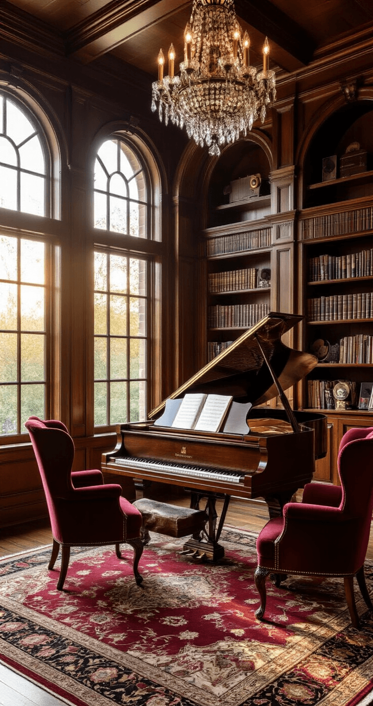 The Ultimate Guide to Mother-Son Dance Songs That Won't Make You Cry (Much) Sophisticated music room with mahogany paneling, vaulted ceilings, floor-to-ceiling bookcases, golden hour sunlight, vintage Steinway grand piano, burgundy velvet wingback chairs, rich Persian rugs, and a crystal chandelier, creating a refined and nostalgic atmosphere.